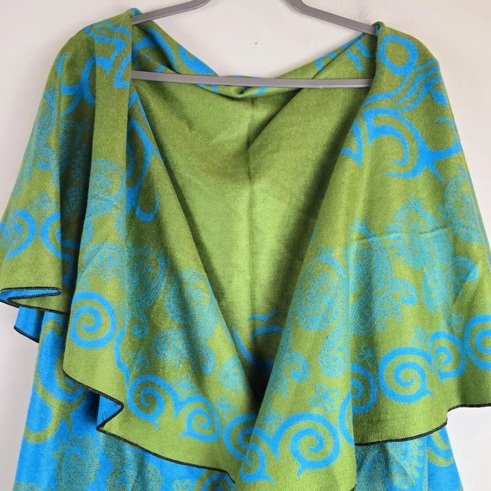 Pashmina Womens Reversible‎ Cape Gree Blue Paisley Cashmere Wrap Shawl One Size.